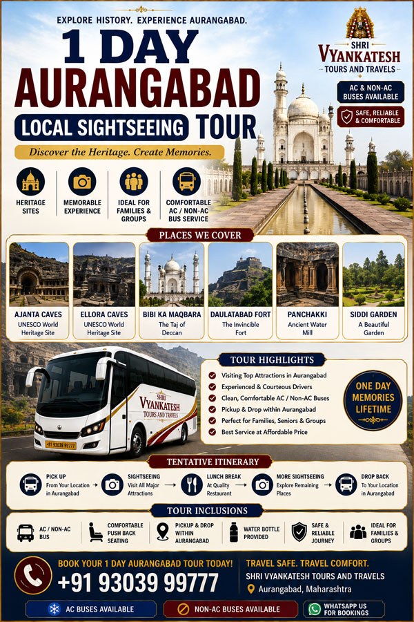 1 Day Aurangabad local sightseeing tour poster covering Ajanta Caves, Ellora Caves, Bibi Ka Maqbara, Daulatabad Fort, Panchakki and Siddi Garden — Shri Vyankatesh Tours and Travels