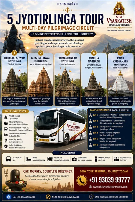 5 Jyotirlinga multi-day pilgrimage circuit tour package poster, Shri Vyankatesh Tours and Travels