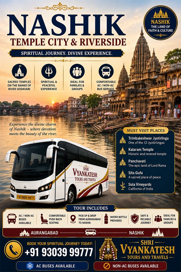 Nashik temple city and riverside tour poster with must-visit places — Shri Vyankatesh Tours and Travels bus package from Aurangabad